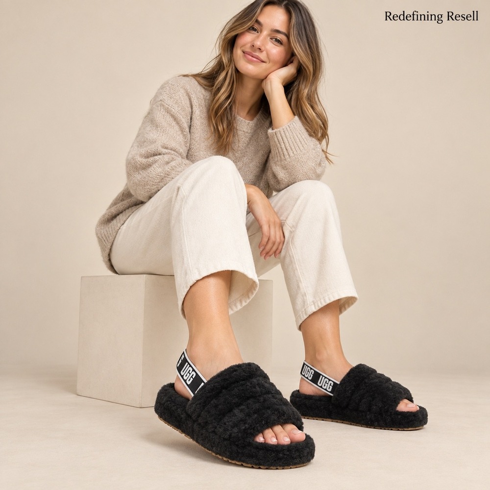 UGG Fluff Yeah Slide Black Sheepskin Platform Slingback Sandals Womens 8 1095119